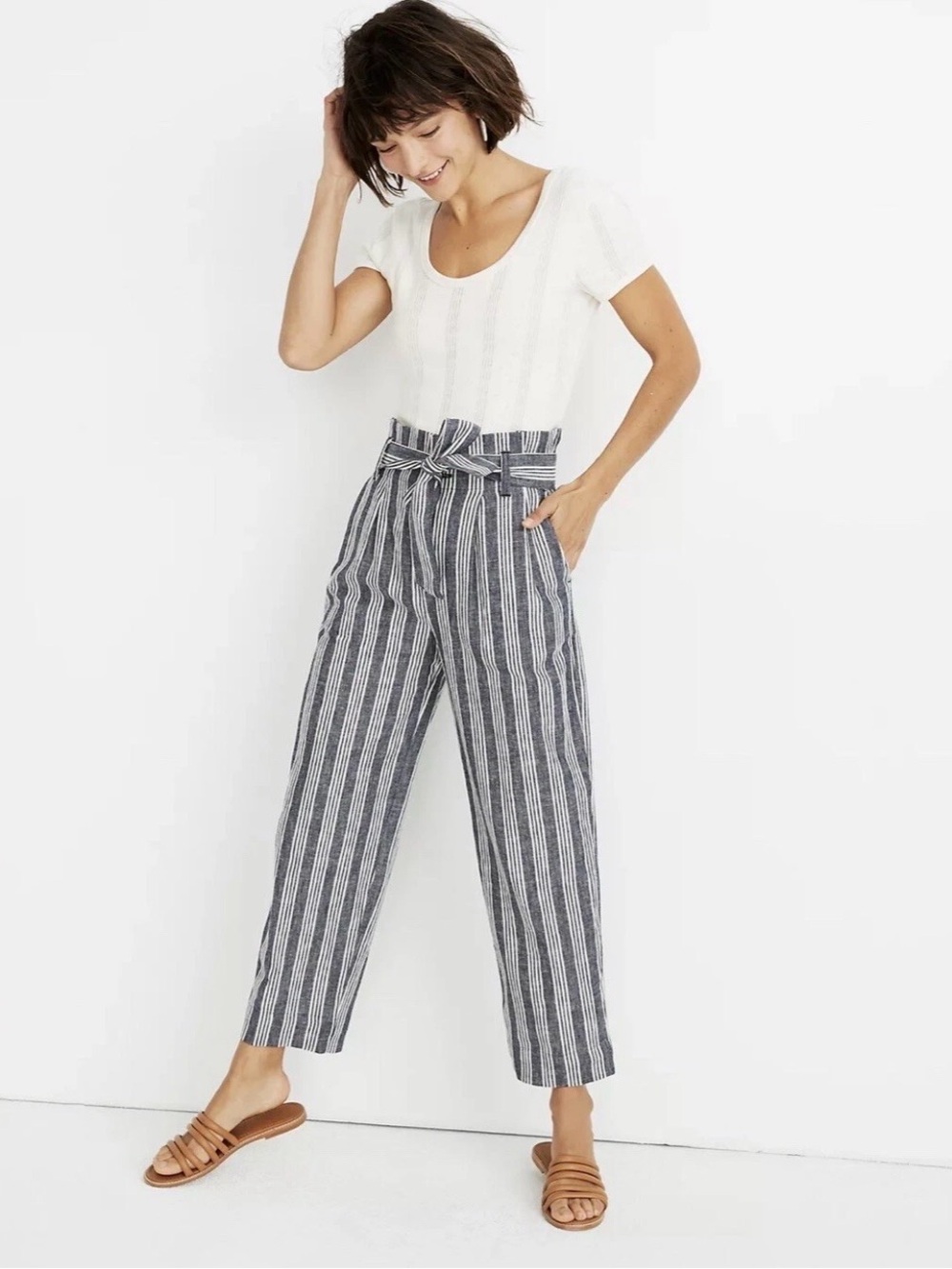 UGC Madewell Navy & White Striped Paperbag-Waist Wide Leg Cropped Pants SZ 8